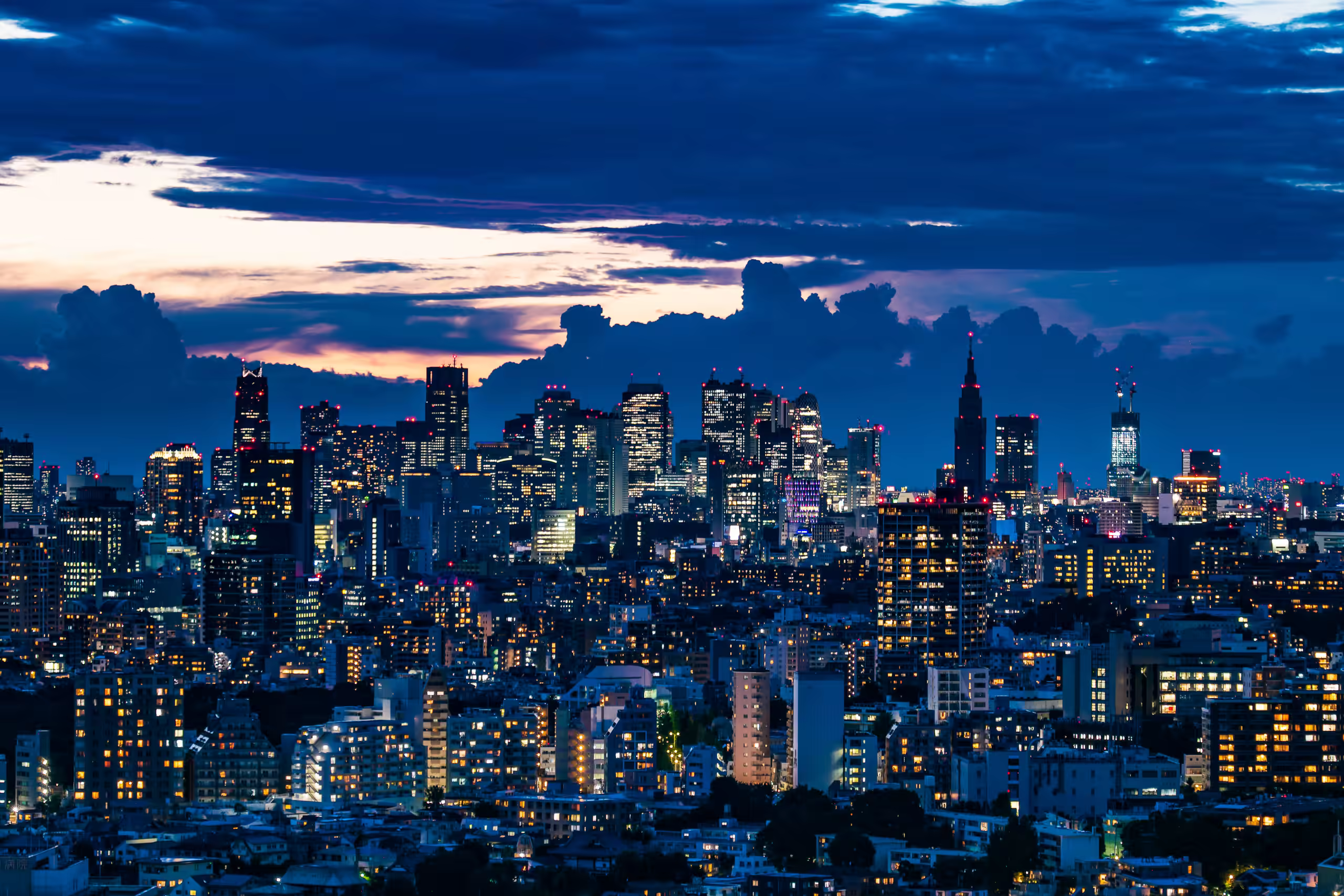 夕暮れの雲の下に広がる都心の夜景