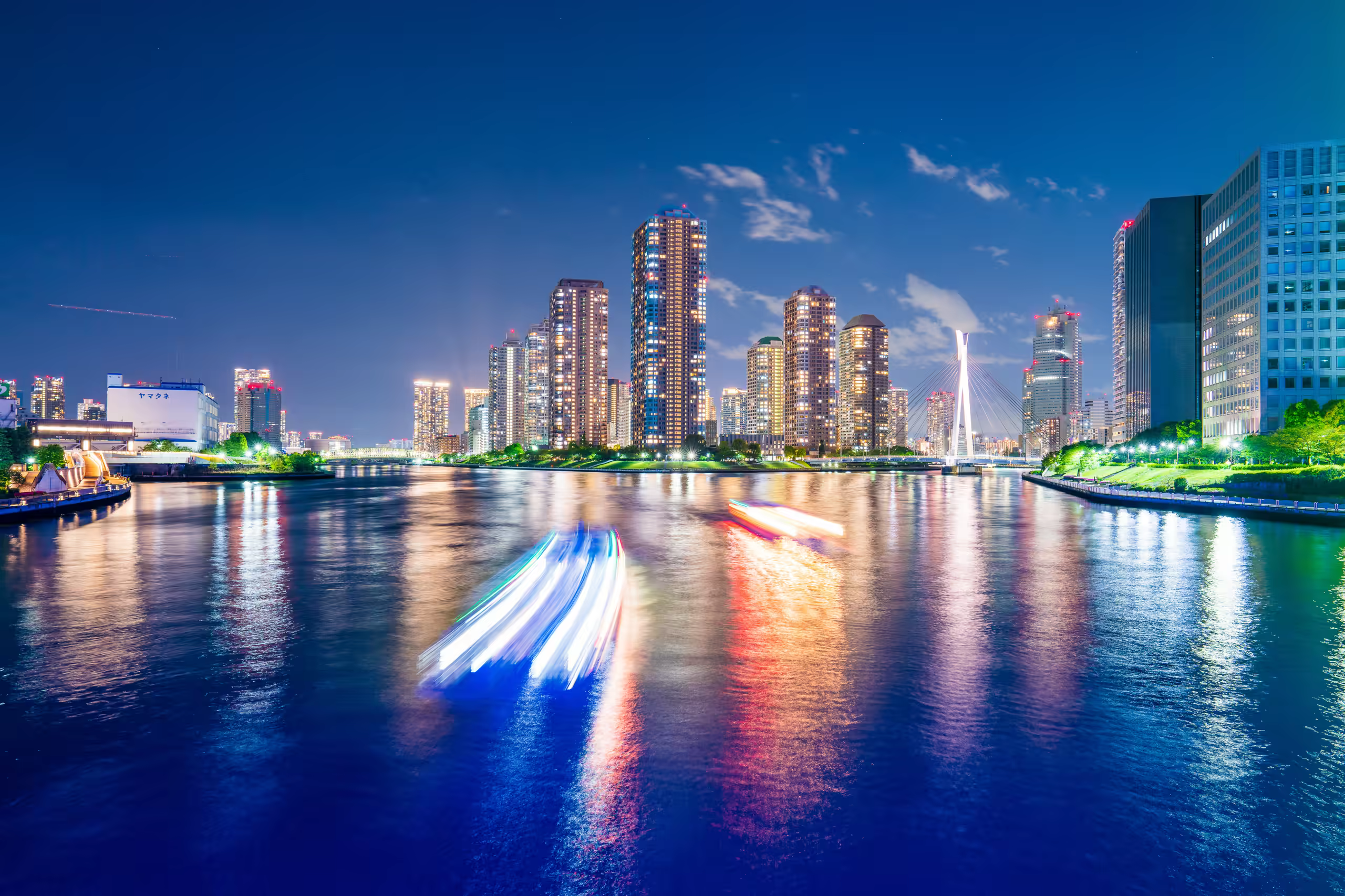 水面に反射する湾岸の夜景と東京タワー