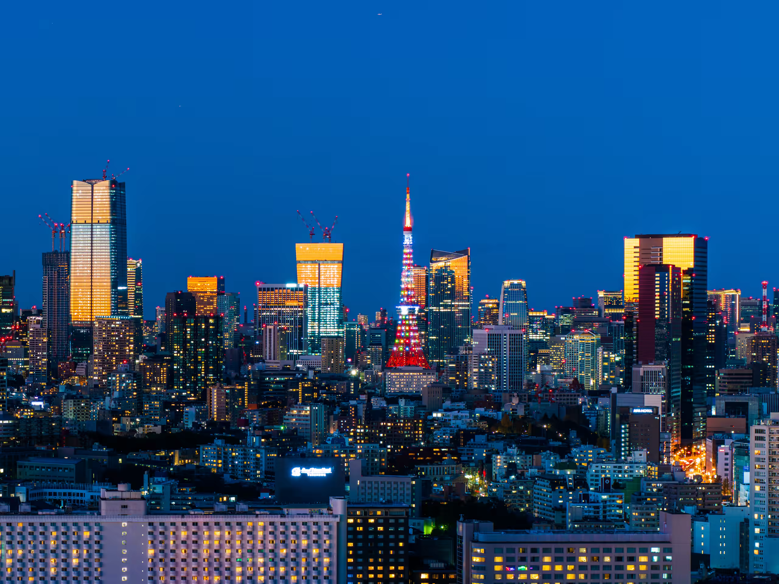 レインボーカラーの東京タワーと高層ビル群